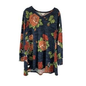 LuLaRoe Elizabeth Sweater V-Neck Long Sleeves Round Hem Tunic Roses Soft Small